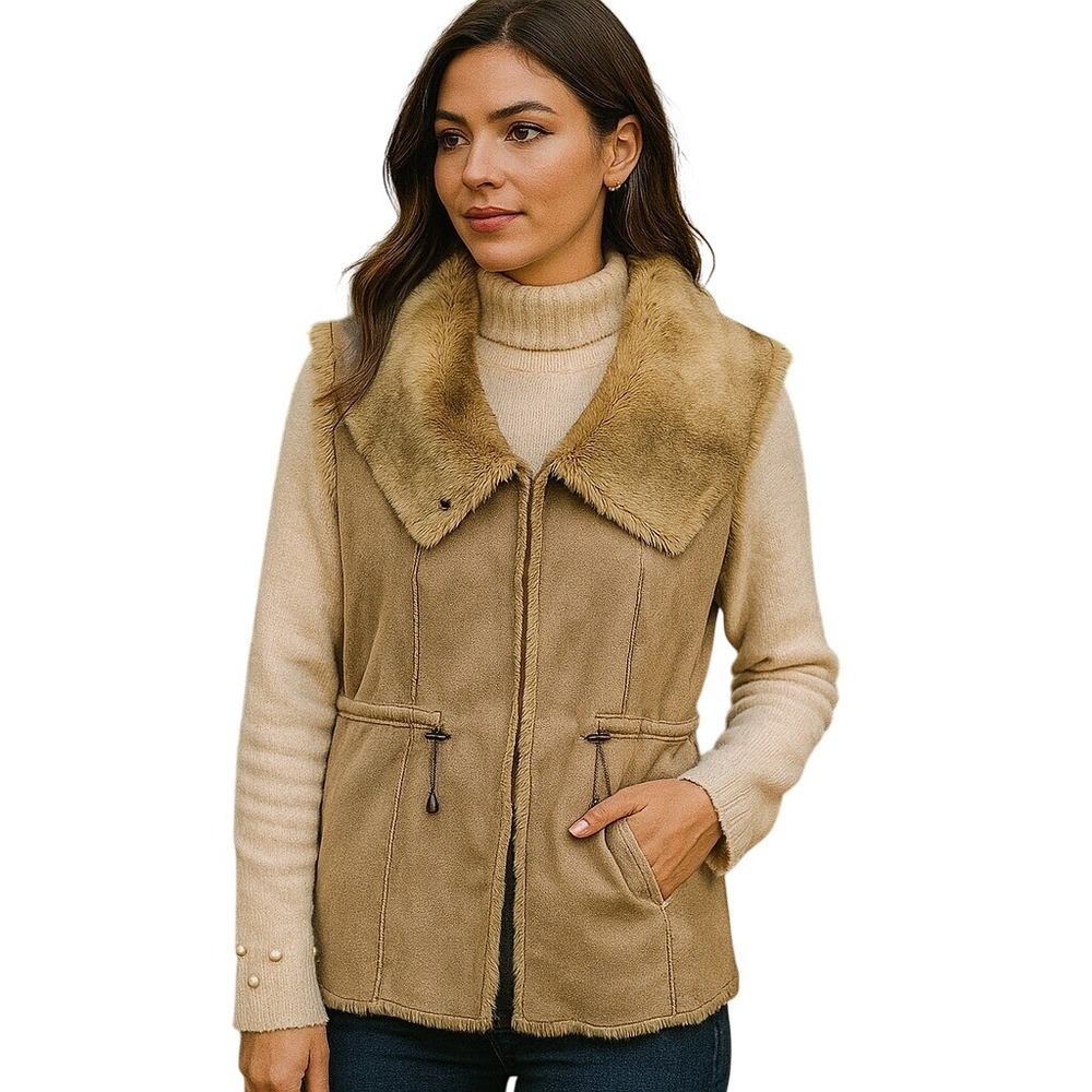 Alberto Makali Faux Fur Collar Vest Sleeveless Jacket Beige Winter Outwear M